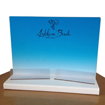 Espositore in plexiglass bianco da 3mm, stampa a colori e doppio scomparto portadepliant.
