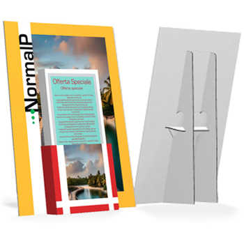 Cartello in cartone Teso con piedino. Abbinabili tasche stampate in cartoncino in 4 misure o tasche trasparenti in 3 misure.