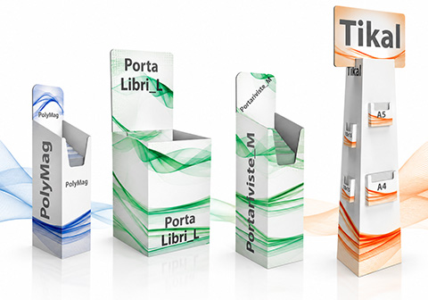 Portadepliant da pavimento in cartone o polipropilene: soluzioni su misura per esporre depliant, riviste e libri. Stampati con la tua grafica, personalizzabili a partire da un solo pezzo.